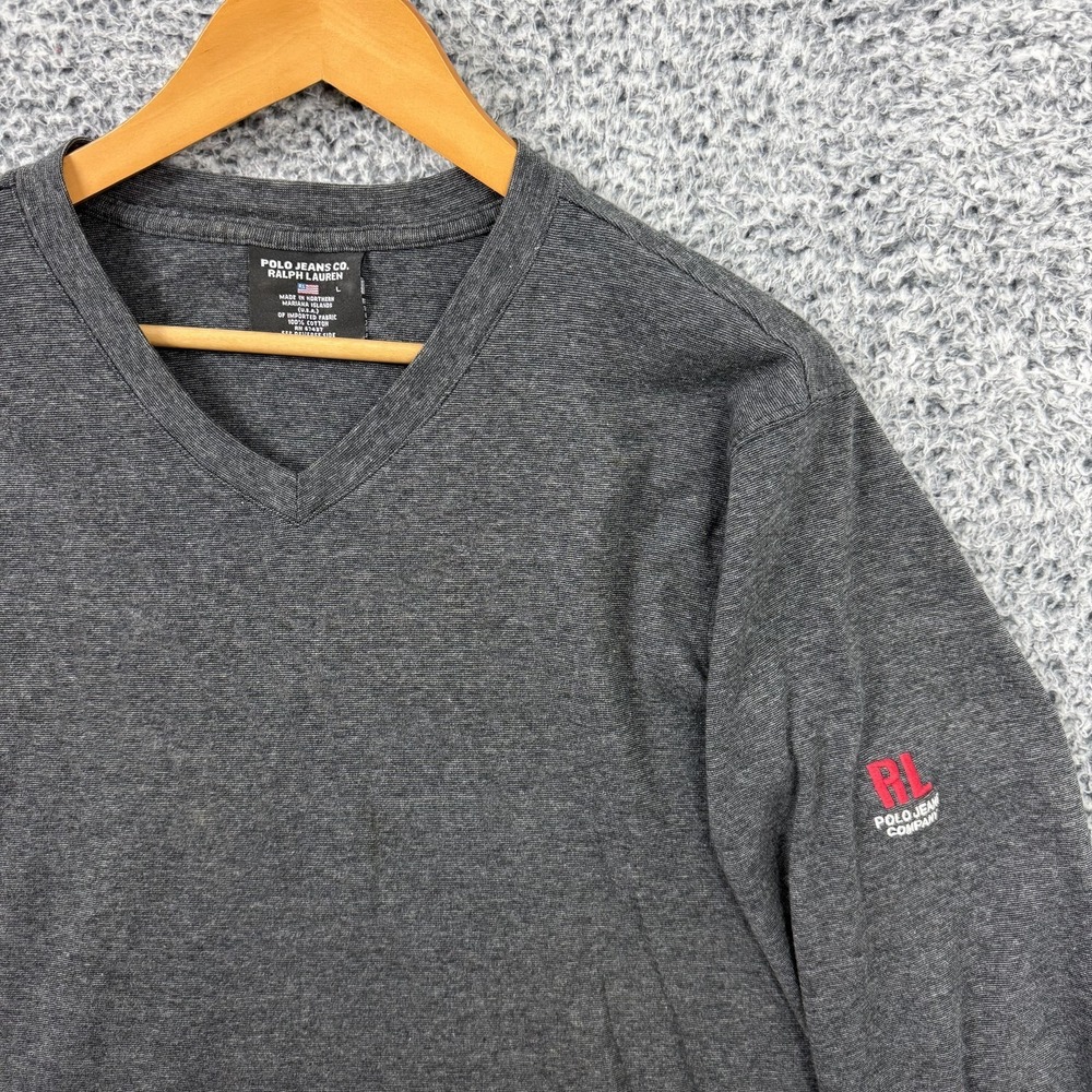 Polo Ralph Lauren Jeans Co Shirt Mens Large Gray V-Neck Long Sleeve Tee Logo - Picture 2 of 9